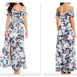 Eliza J Blue Floral Printed Cold-shoulder Maxi 0P